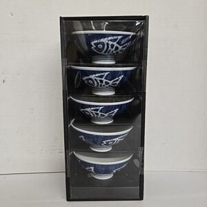 Japanese‎ Rice or Soup Bowl Set of 5 Porcelain Blue Dami Sakana Fish Pattern